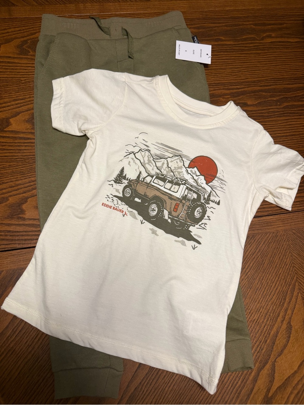 Eddie Bauer Cream Tee with Brown & Orange Off-Road Graphic